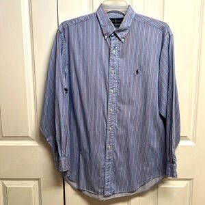 Ralph Lauren Yarmouth Blue Red Striped Long Sleeve Logo Dress Shirt Size 16.50